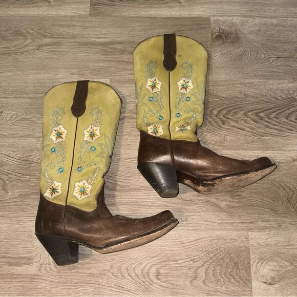 Sonora Green & Brown Leather Floral Embroidered Cowboy Boots - Picture 2 of 14